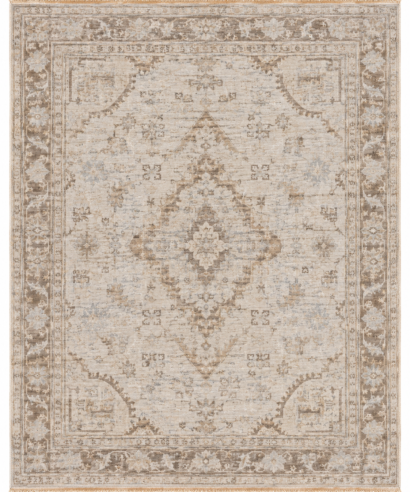 Ivory distressed wool rug with taupe medallion and floral border